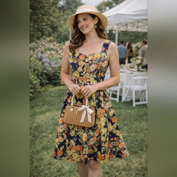 Garden Party Floral roses Sleeveless a line Dress navy yellow cream orange M 6/8 - Picture 6 of 6